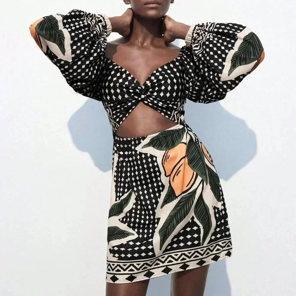Black And White Boho Women's Floral Print Twist Hollow Out Casual Short Dress